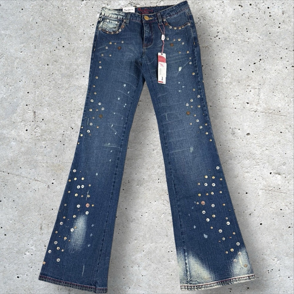 Vtg Y2K Deadstock Pepe Jeans‎ Low Rise Flare Riveted Grommet Buckle Back Sz 28